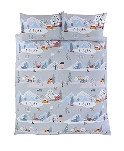 Rapport Home Winter Town Christmas Duvet Cover Set - Festive Double Bedding with Reversible Winter Village Print - Easy Care Microfiber Quilt Cover & Pillowcases