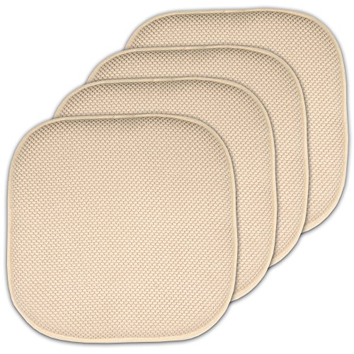"Sweet Home Collection Chair Cushion Memory Foam Pads Honeycomb Pattern Slip Non Skid Rubber Back Rounded Square 16"" x 16"" Seat Cover, Linen - 4 Pack"