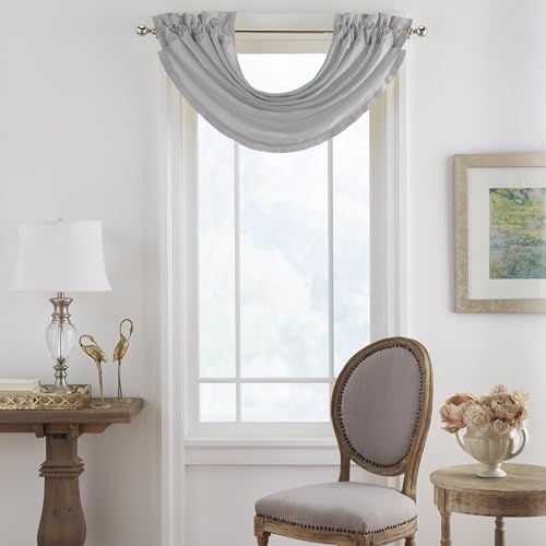 Elrene Home Fashions Versailles Faux Silk Room Darkening Rod Pocket Window Curtain Pleated Solid Waterfall Valance, 52 in x 36 in (1, Gray