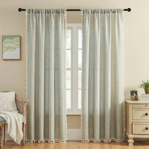 Joydeco Blue Floral Boho Curtains 84 Inch Length 2 Panels, Super Soft Bohemian Farmhouse Curtains with Tassels, Semi Sheer Light Filtering Drapes for Bedroom Living Room (Rod Pocket, 52Wx84L)
