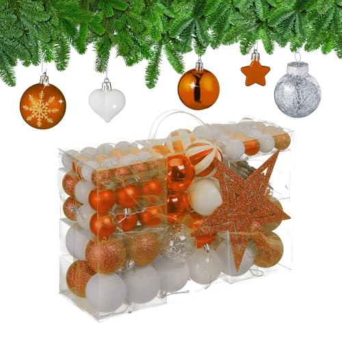 Relaxdays Christmas Ornaments, Set of 101, Glittering, Tree Decorations, Baubles & Stars, Plastic, Traditional, Orange