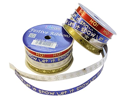Bright Ideas Metallic Festive Ribbon. Ribbon Spool for Gift Wrapping, Christmas Party Decoration, Bow Making, Christmas Wrapping. 4 Assorted Colour Festive Designs of 10mm Ribbon. BI0959.