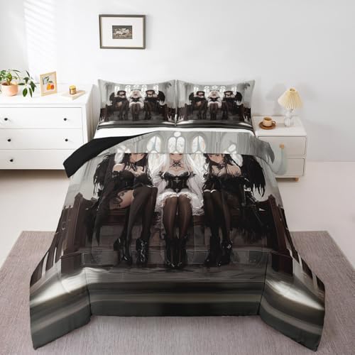 Erosebridal Japanese Anime Twin Size Bedding Set, Manga Anime Girl Comforter Set Kawaii Japanese Style Duvet Insert Cartoon Japan Animation Quilt for Boys Youth Teens Adult Women Bedroom Decor