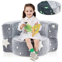 GYMAX 2 in 1 Kids Sofa Chair, Glow in the Dark Children Couch with Washable Flannel Cover, Upholstered Toddler Sofa for Bedroom Playroom (Grey)