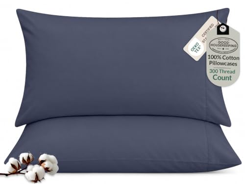 "ROYALE LINENS 300 Thread Count 100% Long Staple Combed Cotton Pillowcases Set of 2 - Ultra Soft - Standard Bed Pillow Cover - 20""x26"" - Breathable, Cool & Crisp Percale Navy Pillow Cases (Std, Navy)"