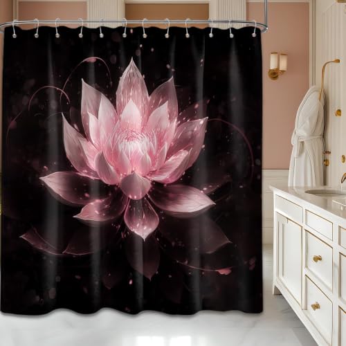 QGHOT Light Pink and Black Shower Curtain, 72x72 in, Lotus Flower Girls - Blush Girly Cute Theme, Rose Pattern Design, Decorative Unique Bathroom Decor, Waterproof Polyester Fabric, with Hooks