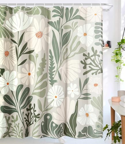 RoomTalks Cute Green Faux Linen Shower Curtain Extra Long 84 Inch - 210GSM Heavy Duty Modern Floral Matisse Spring Summer Aesthetic Botanical Shower Curtain Set with Hooks