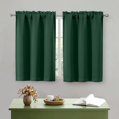 OWENIE Ever Green Kitchen Curtains 36 Inch Length, Short Blackout Small Thermal Insulated Curtains Tier Over Sink Rod Pocket Half Window for Bathroom Bedroom Camper RV Bunk, 2 Panels, Each 30Wx36 L