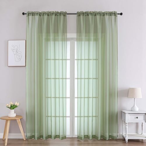 Chyhomenyc Sage Green Sheer Curtains 90 Inches Long 2 Panels, Light Filtering Green Curtains for Living Room, Soft Gentle Voile Rod Pocket Bedroom Window Drapes, 59Wx90L Inch, 2PCS