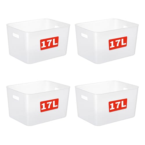 Cetomo 17L*4 Storage Basket, Plastic Open Storage Box, Containers for Shelves, Organizers with Handles for Office, Countertops, Cabinets, PP, BPA Free, Frosted Transparent, 17L-4 Pack (35*27*20cm)