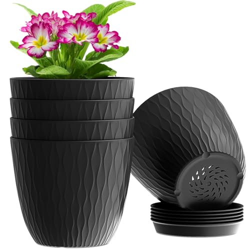 WSMKSZ 6 inch Plant Pots, 5 Pack Flower Pots with Drainage Holes and Saucers for Indoor Plants, Plastic Planters with Water Ripple for Small Garden House Plants, Nursery Pots for Succulent, Black