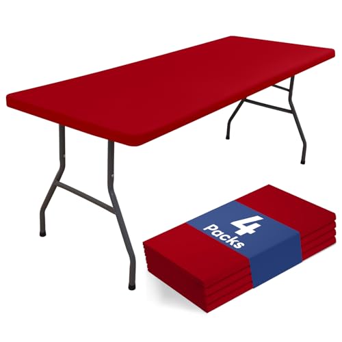 "Homing 4 Packs 6 Foot Rectangle Table Cloth, Waterproof Polyester Elastic Fitted Tablecloth, Washable Table Cover for Picnic, Camping, Outdoor (Red, 30"" x 72"")"