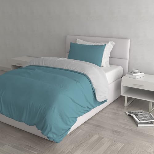 Italian Bed Linen Natural Color Duvet Cover Set with Doubleface Solid Colour Bag Sheet and Pillowcase, Ottanio/Light Gray, small double