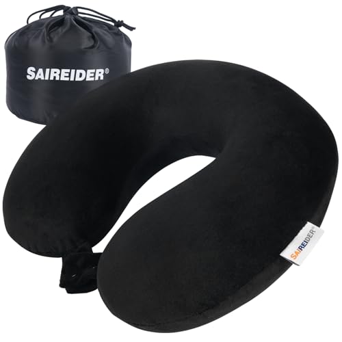 SAIREIDER Travel Pillow 100% Pure Memory Foam Travel Neck Pillow with Storage Bag, Airplane Pillow for Traveling、Car、Home、Office,Washable Cover(Black)