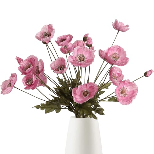 IPOPU Pink Artificial Poppy Silk Flowers 6pcs for Decoration - Faux Flowers With Stems for Wedding Centerpieces, Tables, Bridal Shower Party Decorations