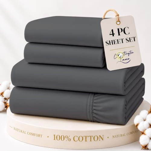 Cottington Lane 100% Cotton Queen Sheet Set, 4 Piece Dark Grey Luxury Hotel Quality Sheets, Deep Pocket Fits 8-16 Inch Mattress, Soft, Durable, Cooling & Breathable Bedding for Queen Bed
