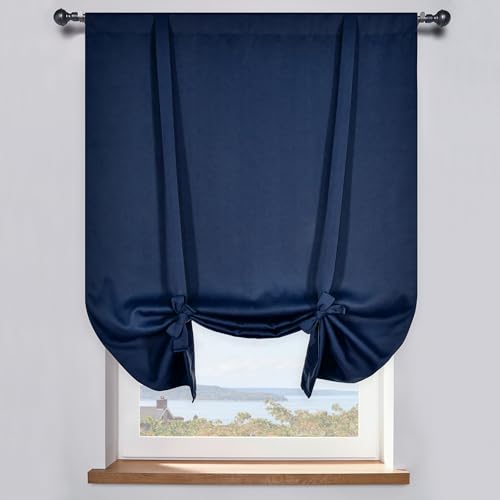 "DONREN Navy Blue Tie Up Roman Curtain,Rod Pocket Energy Efficient Small Window Shades Adjustable Balloon Valance for Home Decoration, 1 Piece, 34"" Wide x 63"" Long"
