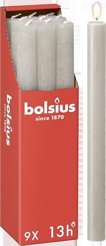 Bolsius Rustic Dinner Candles - Light Gray - Pack of 9 - Long Burning Time of 13 Hours - Household Candle - Interior Decoration - Unscented - Includes Natural Vegan Wax - 27 x 2.3 cm