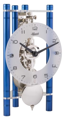 Hermle 23025-Q70721 Skeleton Table Clock with Anodised Aluminium Columns Triangle Arabic Dial Glass Blue Nickel Movement