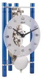 Hermle 23025-Q70721 Skeleton Table Clock with Anodised Aluminium Columns Triangle Arabic Dial Glass Blue Nickel Movement