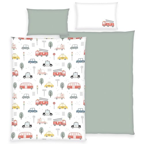 Herding Children's Reversible Bed Linen Vehicles Flannel Grey/Colourful Size 1x 100 x 135 cm + 1x 40 x 60 cm