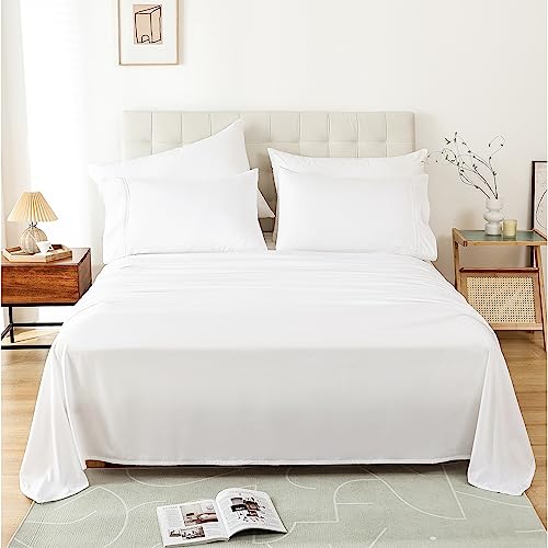 Full Size Sheet Set, 4 Piece Soft Bed Sheets, Deep Pockets - Breathable and Cooling Microfiber, Wrinkle Free, Hotel Luxury Bed Sheet for Women & Men, Oeko-Tex, White