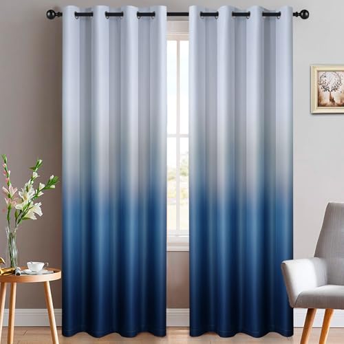 Yakamok Light Blocking Ombre Curtains,Blue and Greyish White Gradient Color Curtains for Bedroom, Room Darkening Thermal Insulated Grommet Window Drapes for Living Room(2 Panels,52x90 Inch)