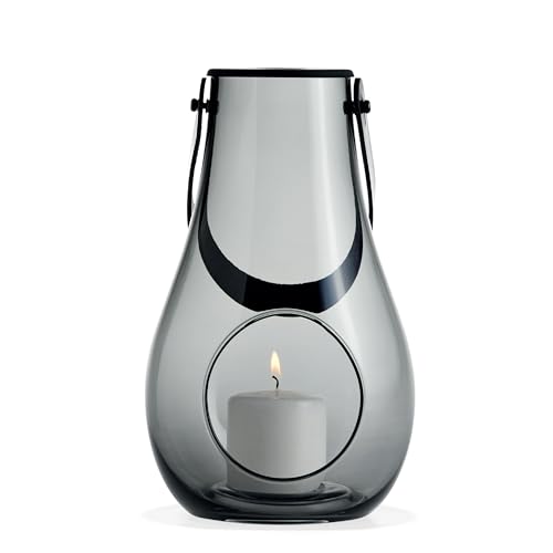 Holmegaard Design Candle Light Lantern, Glass Lantern with Core Leather Handle, Decorative Lanterns for Indoor and Outdoor Use, Smoke, 29 cm