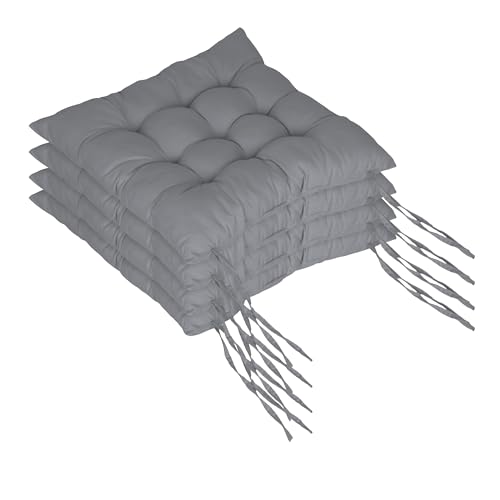 Relaxdays chair cushions, set of 4, 40x40 cm, quilted with ties, indoor & outdoor, polyester, grey