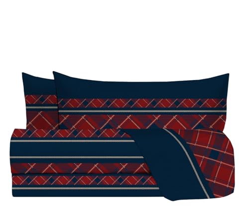 zer0bed, Tartan Double Bed Sheet Set, Double Bed Set, Made in Italy, 100% Cotton, Teal Burgundy, Top Sheet, Fitted Sheet, Pair of Pillowcases