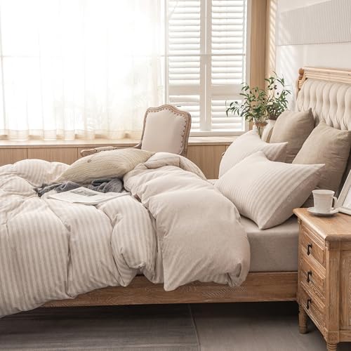 PURE ERA Jersey Knit Duvet Cover Set 100% T-Shirt Heather Cotton Super Soft Comfy Classic Striped Design, with Zipper Closure, Heather Beige Stripe, Queen