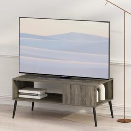 Furinno CLAUDE TV Stand, Mid Century Style Entertainment Center, TV Console for TV up to 40 Inch with Wood Legs, for Living Room, Bedroom, French Oak