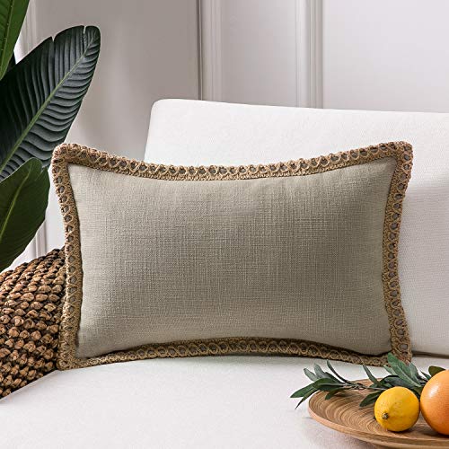 Phantoscope Farmhouse Decorative Throw Pillow Cover Burlap Linen Trimmed Tailored Edges Outdoor Pillow Beige 12 x 20 Inches 30 x 50 cm