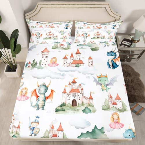 Cartoon Dragon Fitted Sheet Twin Size,Western Animals Bedding Set 2Pcs for Kids Girls Boys Teens Room Decor,Cloud Sky Castle Bed Sheet Cute Princess Knights Deep Pocket Sheet,1 Pillowcase