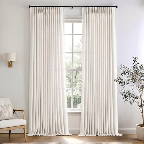 Memory Trained Pinch Pleated Curtains 90 Inches, Thick Linen-blend Curtains Let Light in But Keep Privacy, Natural Pleated Curtain with Hooks&Clips for Track System Window Semi Sheer Linen Curtain