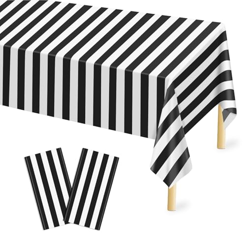 Mulbozy Plastic Table Cloth Disposable 2 Pack, 54 ?? 108 Inch Black and White Stripe Tablecloths, Black Plastic Table Cover for Carnival, Movie Night, Birthday, Halloween, Christmas Party