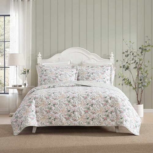 Laura Ashley - King Quilt Set, Super Soft Cotton Bedding with Matching Shams, Envelope Closure, Floral Printed Design (Bramble Pink, King)