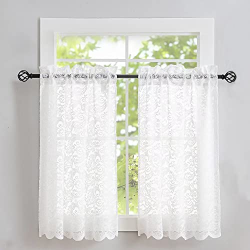 ALIGOGO Lace Kitchen Curtains 36 Inch Length 2 Pack Retro White Over Sink Lace Curtains Short for Small Window Sheer Bathroom Window Closet Laundry Room 26W x 36L Inch