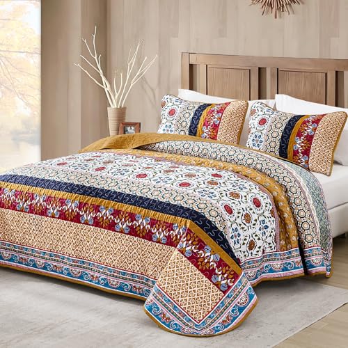 Yiran Boho Quilt Set King Size, Fall Tango Orange Patchwork Bedspreads Bedding Set, Lightweight Bohemia Farmhouse Coverlet Set 110x90 Inch