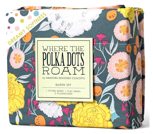 Where the Polka Dots Roam Microfiber Queen Sheets Set – Floral on Gray, Stain- & Wrinkle-Resistant, Cooling Sheets for Queen Bed – Soft 90 GSM Flat & Fitted Microfiber Sheets with 2 Pillow Cases
