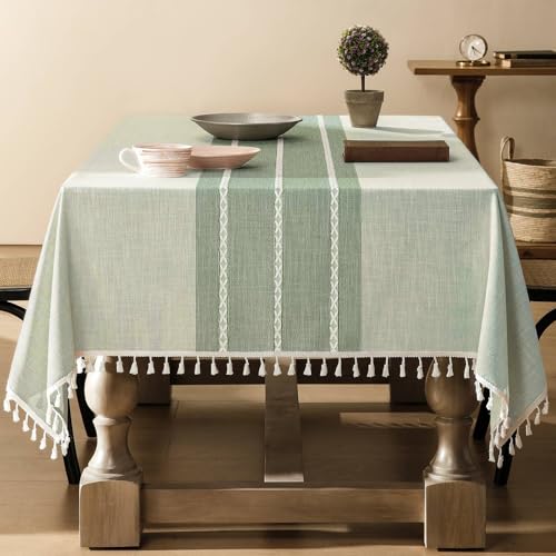 ZeeMart Contrast Linen Square Table Cloth 52x52 Inch Green - Heavy Weight Linen Textured Tablecloth, Handsewn Tassels, Modern Farmhosue Table Decor, Water Resistant Burlap Table Cover