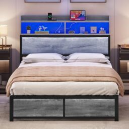 YITAHOME Bed Frame,LED with Headboard,USB Ports & Charging Outlets,Metal Platform Bed Frame with 2 Tiers Storage Shelves, No Box Spring Needed King Size