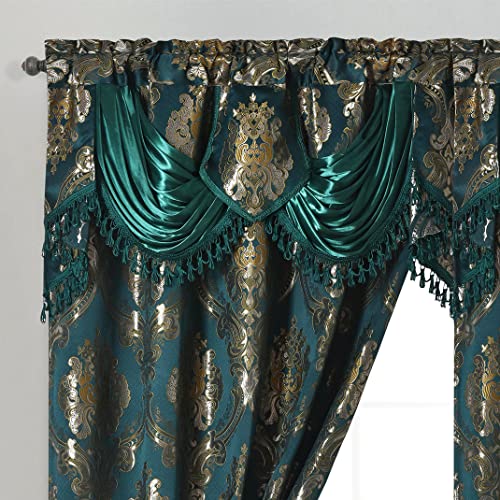 "GOHD Luxe Love. Jacquard Window Curtain Panel Drape with Attached Fancy Valance. 2pcs Set. (Hunter Green, 54"" Wide x 84"" Drop with 18"" Valance x 2pcs)"