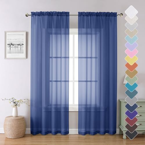 Lecloud Royal Blue Sheer Curtains 84 Inch Length 2 Panels Set, Elegant Rod Pocket Window Curtains for Living Room, Airy Lightweight Voile Transparent Curtains Home Decor, Each Panel 42 X 84 Inch
