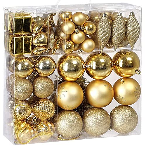 BAKAJI Christmas Tree Decorations 103 Pieces Pack Balls Hearts Stars Cones Christmas Decorations (Gold)