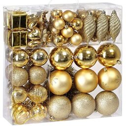 BAKAJI Christmas Tree Decorations 103 Pieces Pack Balls Hearts Stars Cones Christmas Decorations (Gold)