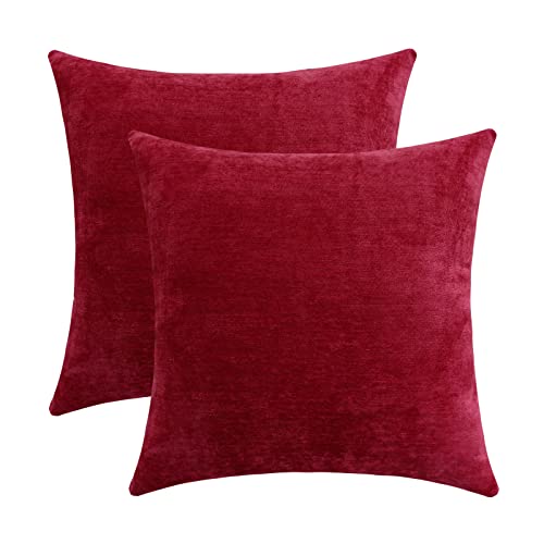 Jeneoo Decorative Bright Red Throw Pillow Covers Rustic Farmhouse Super Soft Square Chenille Comfy Solid Santa Cushion Couch Cases (Set of 2, 18 x 18 Inches)