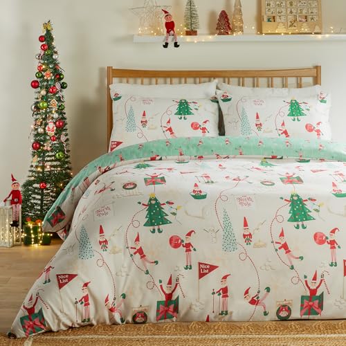 furn. Duvet Day Elfie Duvet Cover Set – Festive Reversible Bedding (Cream/Mint - Double)