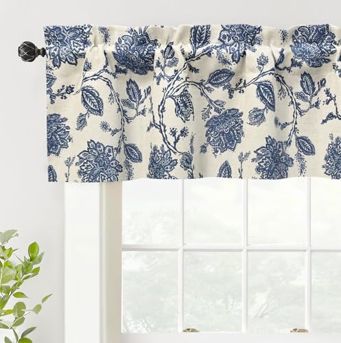 DriftAway Freda Jacobean Floral Linen Blend Blackout Thermal Insulated Energy Saving Privacy Window Linen Curtain Valance Rod Pocket 2 Layers Single 52 Inch by 14 Inch Plus 2 Inch Header Navy Beige
