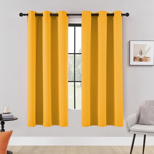 HUTO Blackout Bedroom Window Curtains Drapes - Antique Copper Thermal Insulated Privacy Protect Curtains Drpaeries for Living Room, 2 Panels, 42 x 63 Inch, Gold Yellow